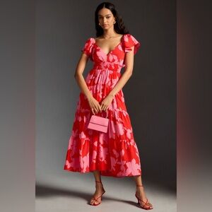 Anthropologie Red and Pink Floral Midi Dress